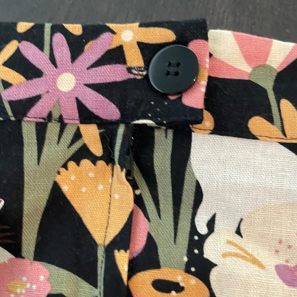 Modcloth Black Mini Skirt with Pink, Purple, Cream & Yellow Floral Cat Print - Picture 3 of 8
